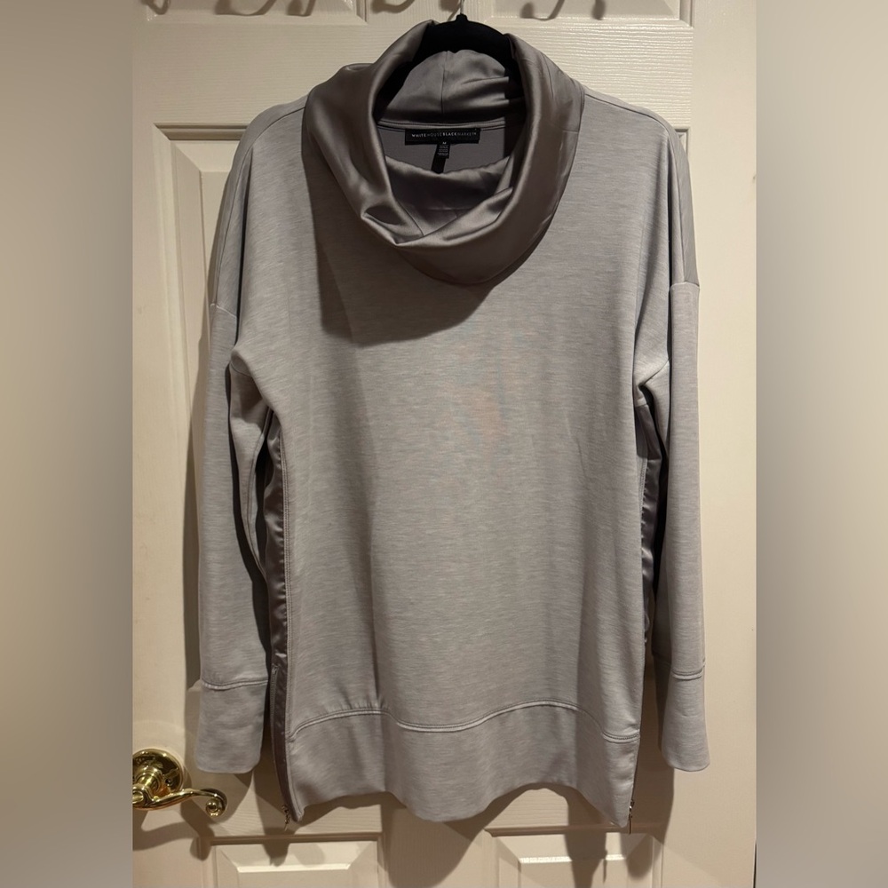 NWOT White House Black Market tunic length blouse in light grey with cowl neck